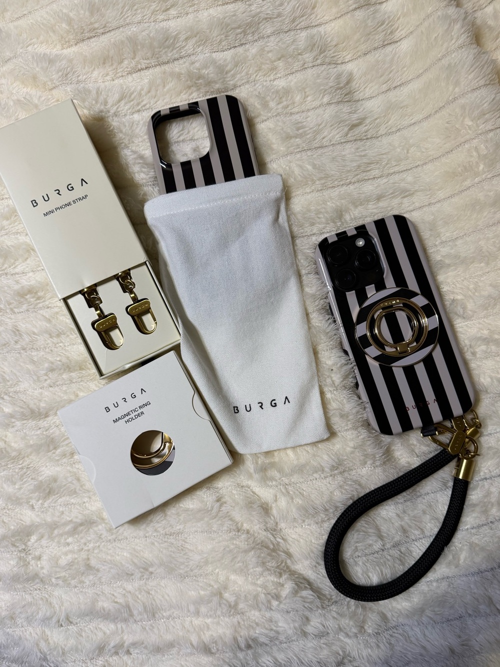BURGA Black & White Stripe Phone Case with Gold Ring Holder ✨IPHONE 16 PRO✨